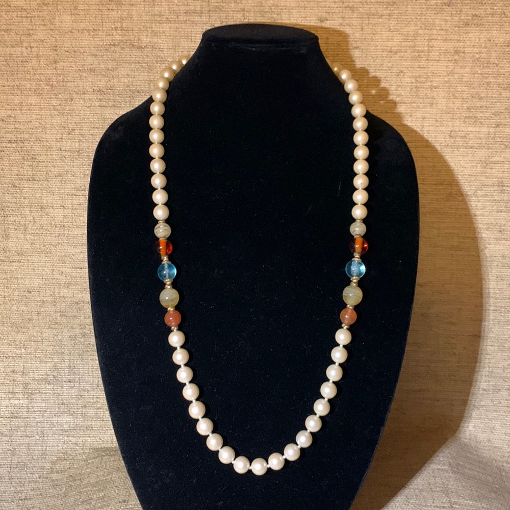 Vintage Signed Cadoro Pearl Necklace
With Multicolored Glass Spacers
Used!